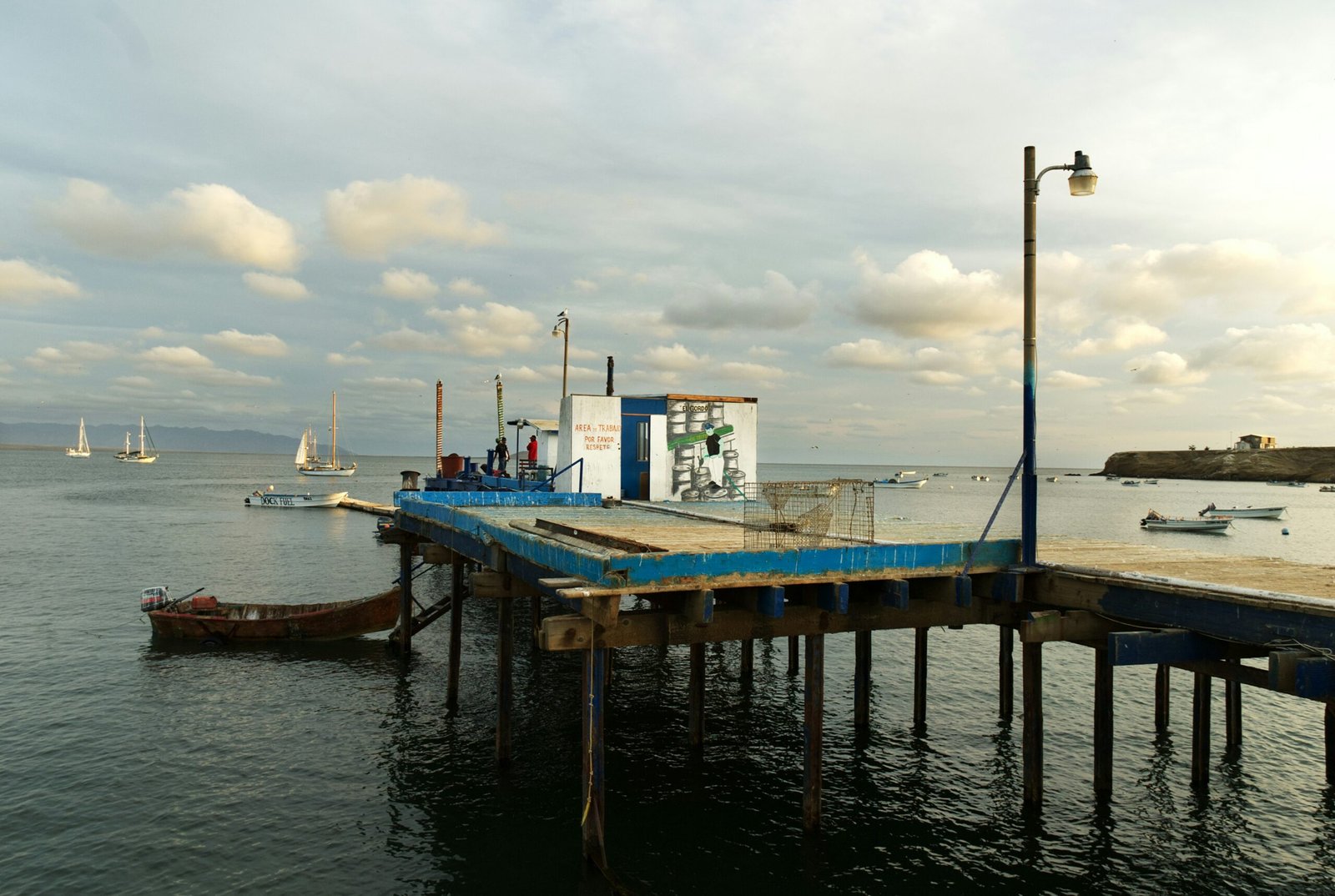 A pier with boats in the water and a cloudy sky